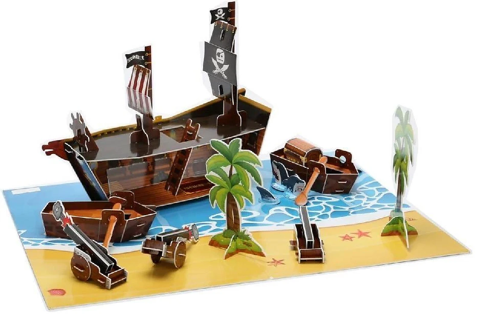 Finished 3D paper ship puzzle with assembly components