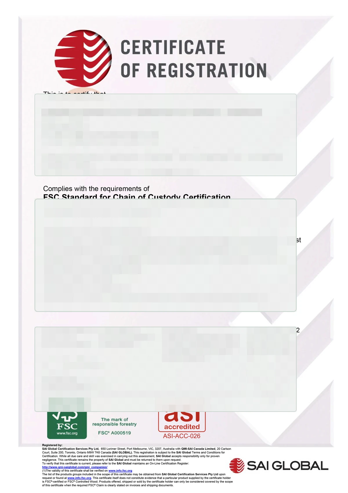 FSC certificate record,敏感字段已遮挡