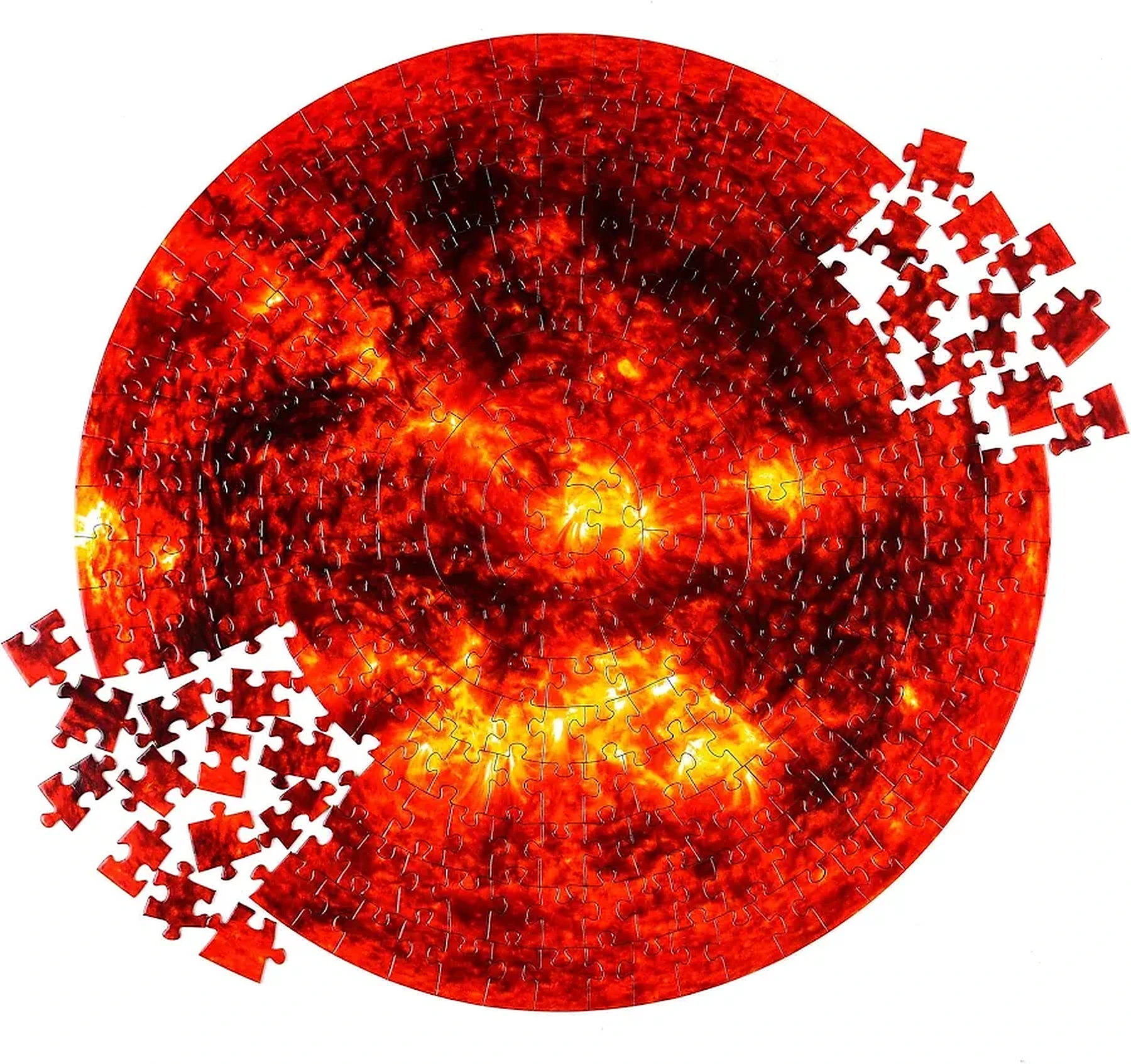 Finished round art puzzle with loose pieces, shown only as a product-format reference